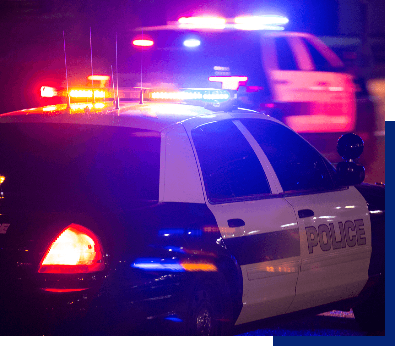 Police car with flashing lights at night