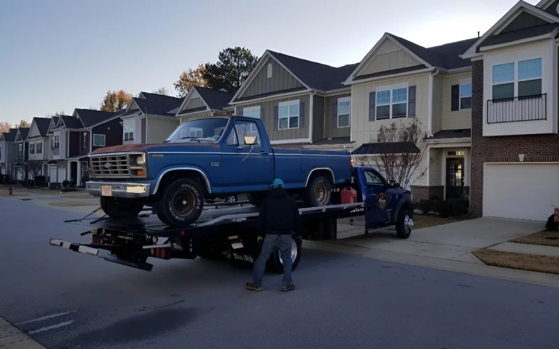 Residential street with truck on tow truck