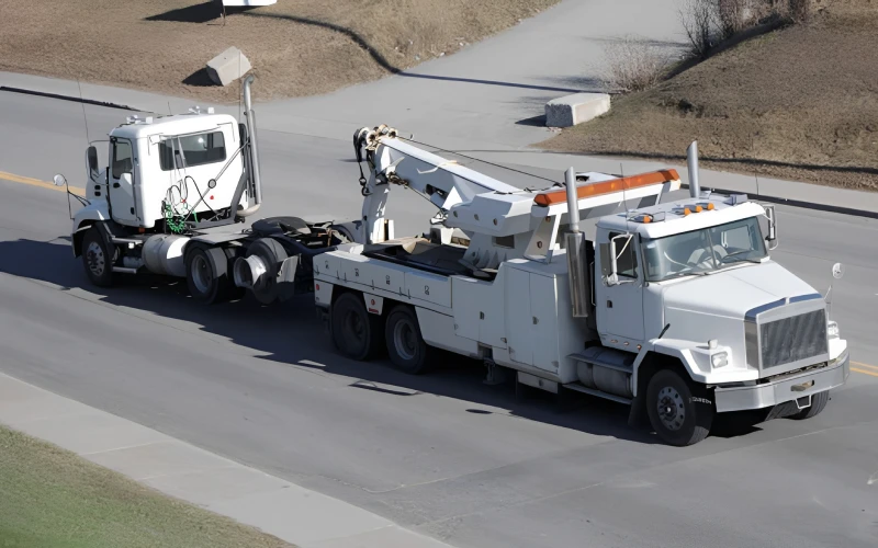 Semi-truck being transported by tow vehicle