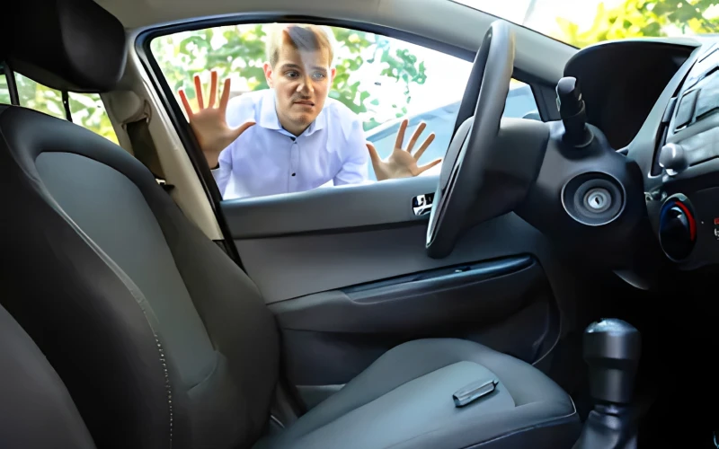 Person looking through car window